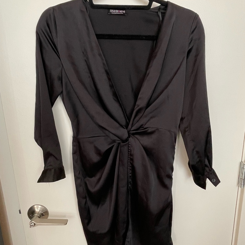 Fashion Nova Black Satin Twist Dress